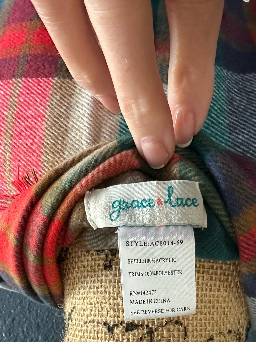 Grace & Lace Pocket Poncho Scarf Ivory Teal Plaid Wrap Pockets OS
